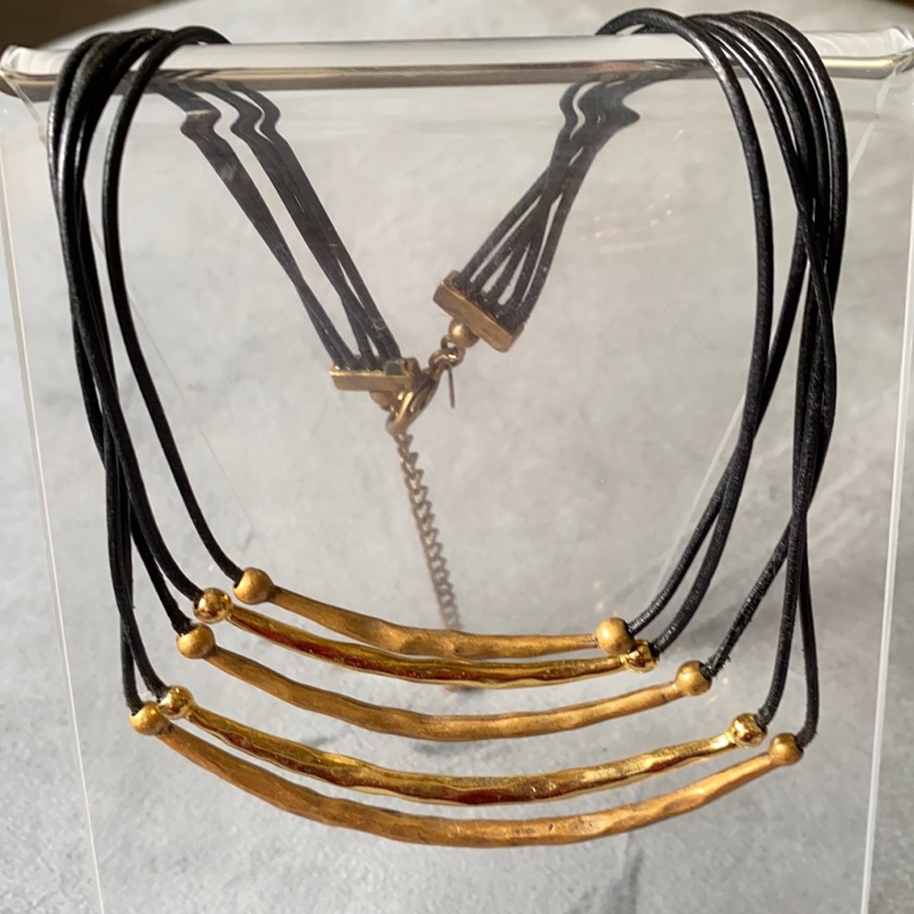 Chico’s Gold Metal Leather Corded Short Statement Necklace EUC